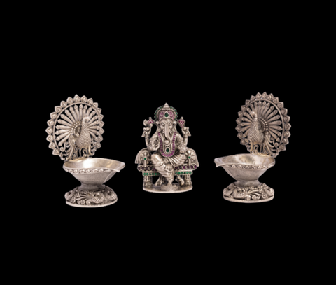 Silver Oxidised Ganesha with Coloured Stones